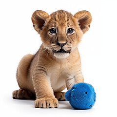 Obraz premium Charming Lion Cub With A Blue Plush Toy, Isolated On A White Background, Highlighting The Playful Nature Of Young Wildlife