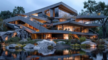 Fototapeta premium Modern architectural house with geometric design and large windows, surrounded by nature and reflecting on a calm lake at dusk.