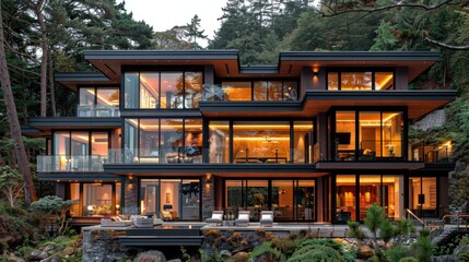 Stunning modern glass house with a lush forest backdrop, showcasing contemporary design and natural integration.
