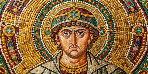 Obraz premium Vibrant Byzantine art mosaic of Justinian I, isolated on a transparent background, showcasing intricate gold and glass tiles, ornate borders, and regal imperial symbols.