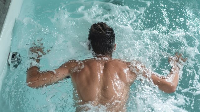 A man submerges himself in a spa, the churning water creating a frothy whirlpool around his body
