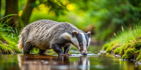 European badger approaches foamy creek's edge, whiskers twitching, curiosity piqued, as it prepares to quench its thirst in the serene, natural woodland setting.