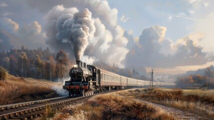 A vintage postcard depicting a steam train traveling through the countryside.