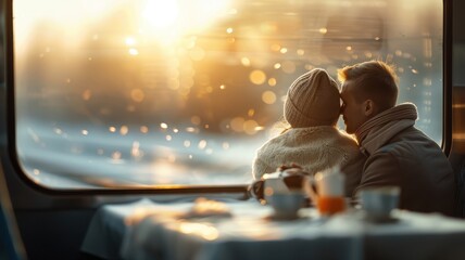 A couple shares a tender moment in a cozy train compartment.