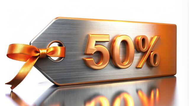Hyper-realistic vector illustration of a shiny metallic tag with fluorescent ribbon, showcasing 50% discount, for ecommerce and mobile app interfaces.