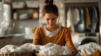 A woman sorting laundry into baskets.