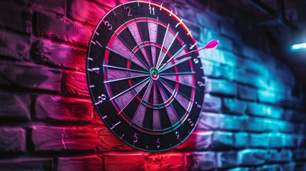 A dartboard, mounted on a brick wall, is bathed in vibrant neon light. A single dart is embedded in the board, suggesting a recent game