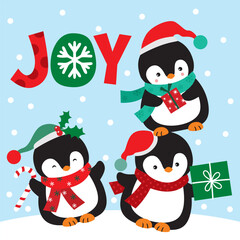 Christmas Design For Card,Bag with Cute Penguins in happiness