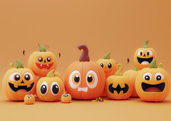 Obraz premium Halloween pumpkin characters, 3D isometric render, animated fun