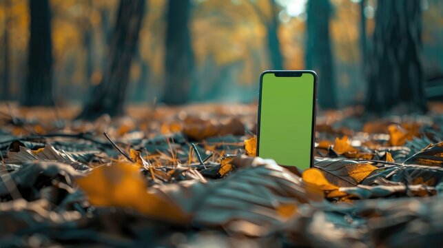 Green screen smartphone placed on a dry leaf in a forest ideal for e commerce and environmental media