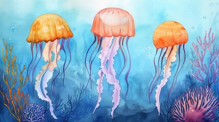 Watercolor painting of three jellyfish swimming in a vibrant blue ocean with coral reefs. Wall art, website, and media decor. Commercial use, 300 dpi. 
