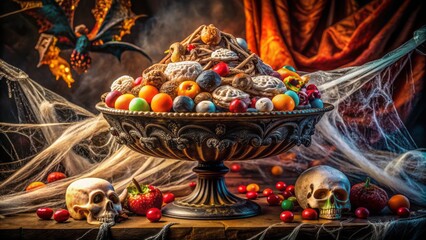 Naklejka premium Highly detailed, eerily lit, intricately carved, sugar-encrusted, Victorian-style candy bowl overflowing with ghoulish treats on a velvet-draped altar.