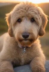 Fototapeta premium A Goldendoodle with a bright-eyed expression, watching a sunset from a hill.