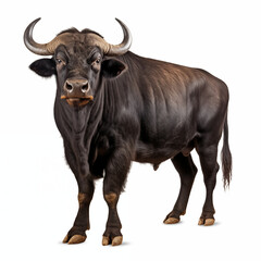 Majestic Bison With Impressive Horns and Muscular Build Standing on White Background Displaying Strength and Majesty