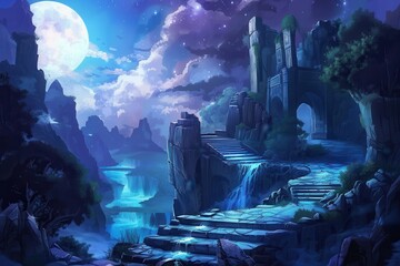 Ancient temple ruins in a mystical moonlit landscape with waterfalls