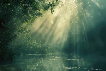 A serene scene with sunlight shining through tree branches and onto the calm waters below