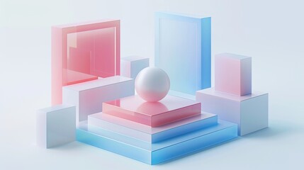 Abstract Futuristic 3D Render Minimalistic Style with Floating Geometric Shapes Isometric Design, Light Color Theme, Bright Background, and Soft Lighting