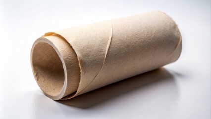 Ultra-detailed, intricately textured, and hyper-realistic flat lay of a worn, crumpled toilet paper roll on a pristine white background.