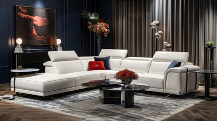 A modern living room features a white leather sectional sofa, coffee tables, and a dark blue wall. The room is decorated with artwork, plants, and lighting