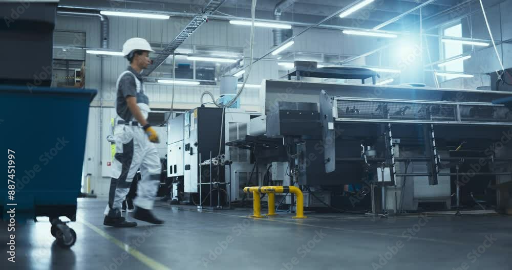 Poster hispanic female worker in a reflective vest walks through a modern factory, inspecting equipment and