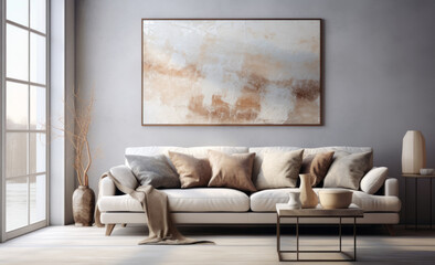 Comfortable white sofa with pillows near coffee table against concrete wall with art poster. Beautiful and cosy mid-century style home interior. Design of minimalist modern scandinavian living room.