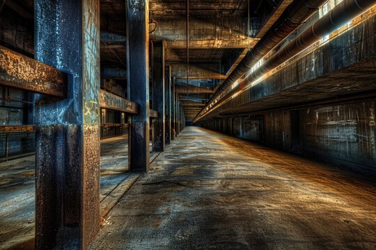 Abandoned industrial corridor with old machinery and distressed walls
