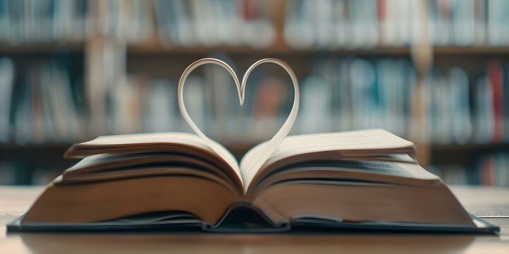 Heartshaped open book stack on desk in library romantic setting. Concept Library, Romantic, Heart-shaped, Book stack, Desk