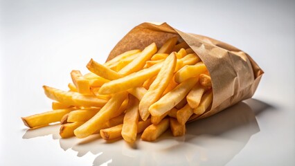 Golden brown French fries spilling out of a crinkled paper bag, placed on a clean and minimalist white background, tantalizingly fresh.