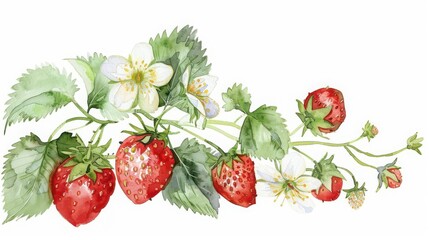 A strawberry plant with blossoms, botanical element, watercolor illustration, soft colors, isolated on white background