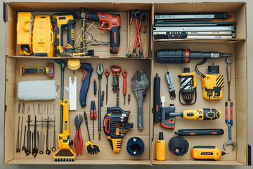 Construction tools and equipments in paper box.