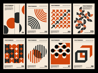 Artworks, posters inspired postmodern of vector abstract dynamic symbols with bold geometric shapes, useful for web background, poster art design, magazine front page, hi-tech print, cover artwork.