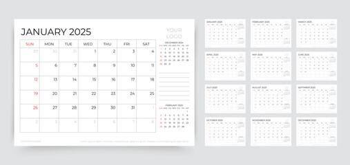 Calendar for 2025 year. Planner calender template. Yearly organizer with 12 pages. Week starts Sunday. Table timetable layout. Desk schedule grid. Horizontal monthly diary. Vector simple illustration