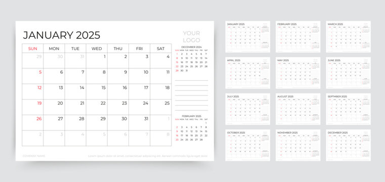 Calendar for 2025 year. Planner calender template. Yearly organizer with 12 pages. Week starts Sunday. Table timetable layout. Desk schedule grid. Horizontal monthly diary. Vector simple illustration
