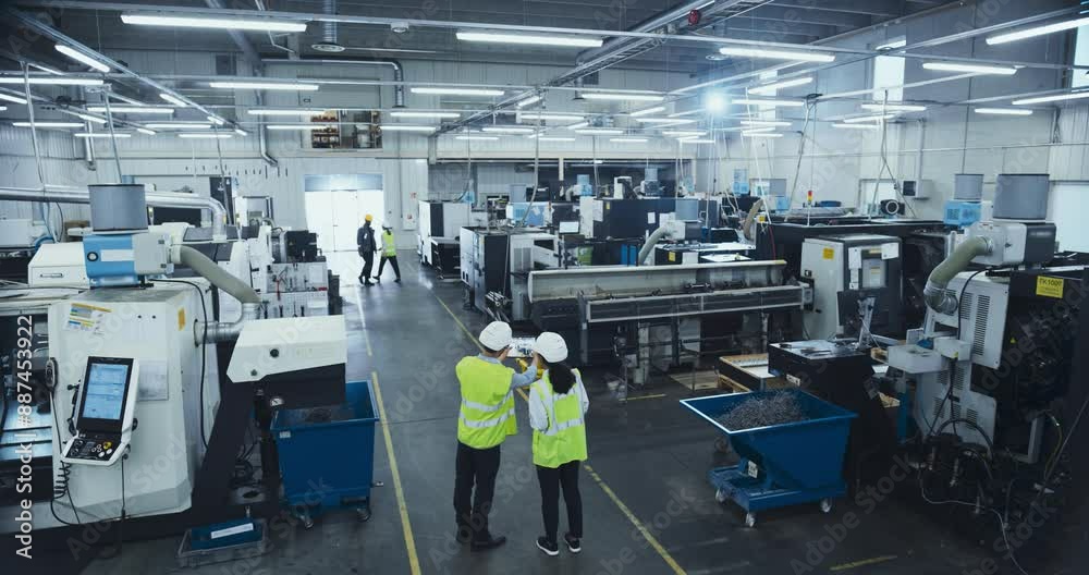 Fototapete Two Industrial Engineers Using a Tablet Computer with an Augmented Reality App in a Manufacturing Facility. Software Interacting with Automated Machinery, Performing Safety Checks and Tuning