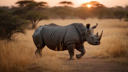Obraz premium A large white rhino grazes under the warm sun on the vast African savannah, its impressive horns casting long shadows at sunset