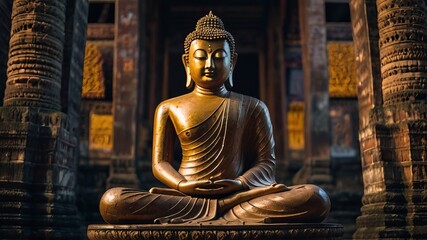 Golden Buddha statue, a revered religious sculpture in a Thai temple, embodies peace and meditation