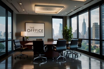 A conference room with a desk and a wall of windows