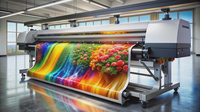 Vibrant color toners align in sleek printer's core, awaiting digital commands to unfurl stunning graphics on wide-format paper canvas.