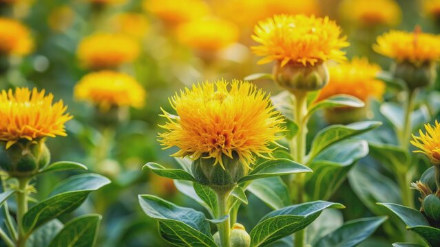 Delicate yellow petals of safflower bloom against soft green leaves and stems in a subtle, natural, sun-kissed atmosphere.