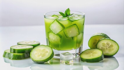 Freshly squeezed green cucumber juice poured into a glass filled with ice and garnished with a slice of cucumber.