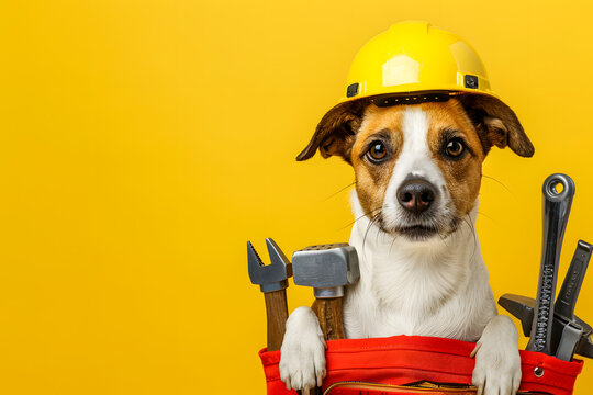 Cute funny dog and construction tools in bag on color background. Happy Labor Day.