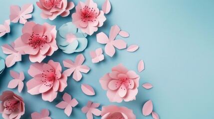 Pink paper flowers on blue background with space for text and design Symbolizing spring and Chinese New Year