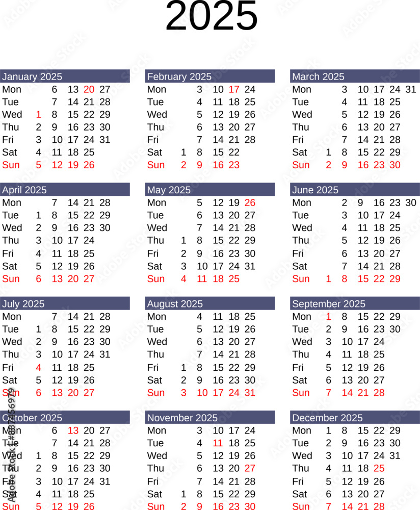 Sticker year 2025 calendar in English with United States holidays