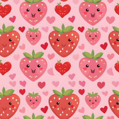Cute strawberry seamless pattern on pink background.