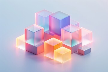 Obraz premium Abstract Futuristic 3D Render Minimalistic Style with Floating Geometric Shapes Isometric Design, Light Color Theme, Bright Background, and Soft Lighting
