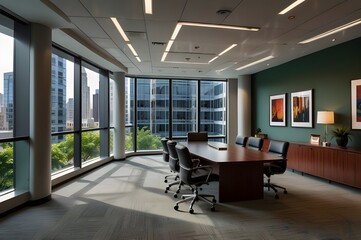 A conference room with a desk and a wall of windows