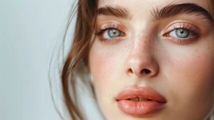 Fototapeta premium Close-up of a woman's face featuring freckles