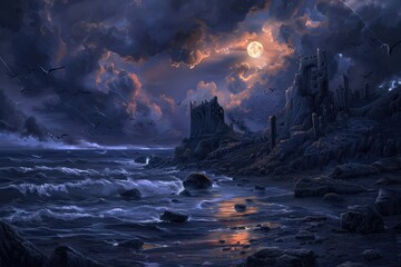 Fototapeta premium Dark stormy night at the haunted castle by the sea