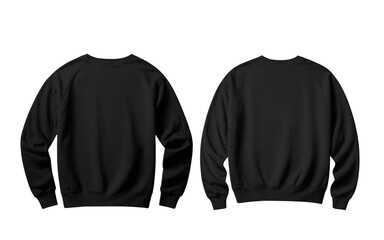 Set of black front and back view tee sweatshirt sweater long sleeve on white and transparent background cutout, PNG file. Mockup template for artwork graphic design
