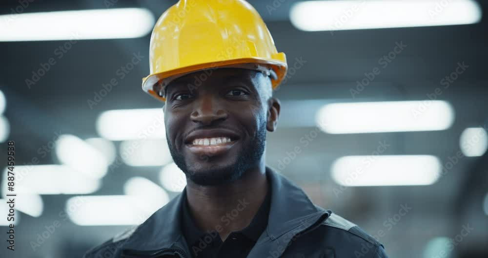 Poster portrait of a happy and successful industrial factory worker looking at camera and smiling. handsome